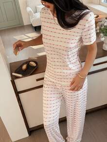 SHEIN Napfluff Women's Jacquard Ribbed Heart Pattern Short Sleeve Pants Casual Pajama Set - White - View 1