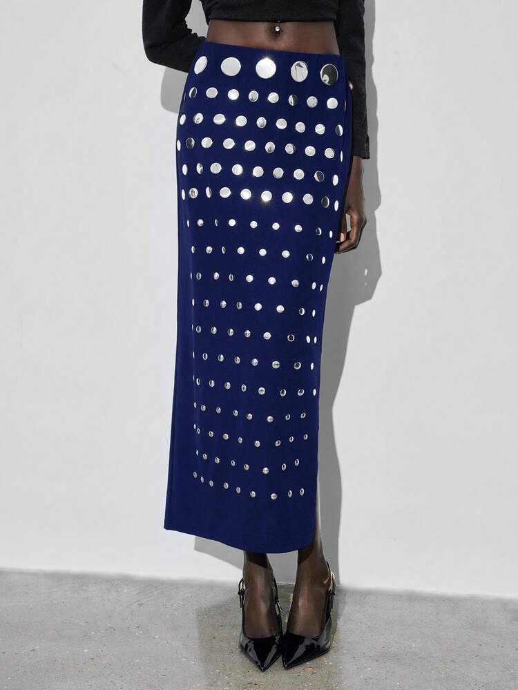 SHEIN Maija 2026 Fashion Commuter Sequin Decor Side Slit Skirt Blue Skirt Navy Long Skirt With Slit Blue Sequin Skirt St Patrick's Day Women Easter Summer Easter Women Party Top Beach Summer Holiday Each Vacation For Women Summer For Women Going Out Graduation Graduation Casual Casual Blouses For Women Blue Skirt Navy Blue Skirt