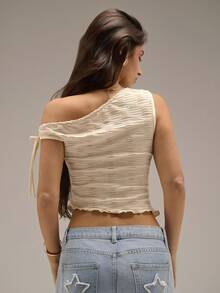 Avantive 1pc Women's Asymmetrical-Shoulder Texture Fitted Vacation Top, Summer New Arrival - Apricot - View 2