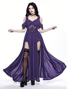 ROMWE Goth Vestido de mujer con escote en V profundo, hombros descubiertos, abertura alta y bordado estilo gótico - Morado - Ver 4