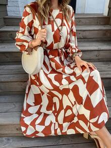 Livesso 女士宽松圆领几何印花系带中长连衣裙 - 深紅色 - 查看 6