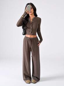 SHEIN PETITE 2025新款春夏女装时尚性感棕色条纹长袖上衣和裤子休闲两件套/春夏女装/夏季女装/万圣节服装/圣诞节女装/派对/招待会/新年服装/返校服装/家居/Y2K/秋季条纹两件套 - 棕色 - 查看 5