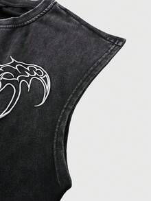 ROMWE MEN Street Life Men's Casual Fashionable Street Graphic Print Washed Tank Top, Summer - Black - View 7