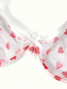 Bonmuse 3pcs/Set Women Solid Color, Heart & Flower Print, Bow Decor Underwire Bra Set, Comfortablefor Summerfor Summer - White - View 4