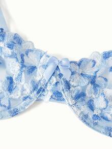 Bonmuse 2pcs Women Cool Light Blue Flower Embroidered Mesh Sheer Lace-Up Lingerie Set, Intimate Apparel For Valentine's Day, Kawaii Ultrathin Bra