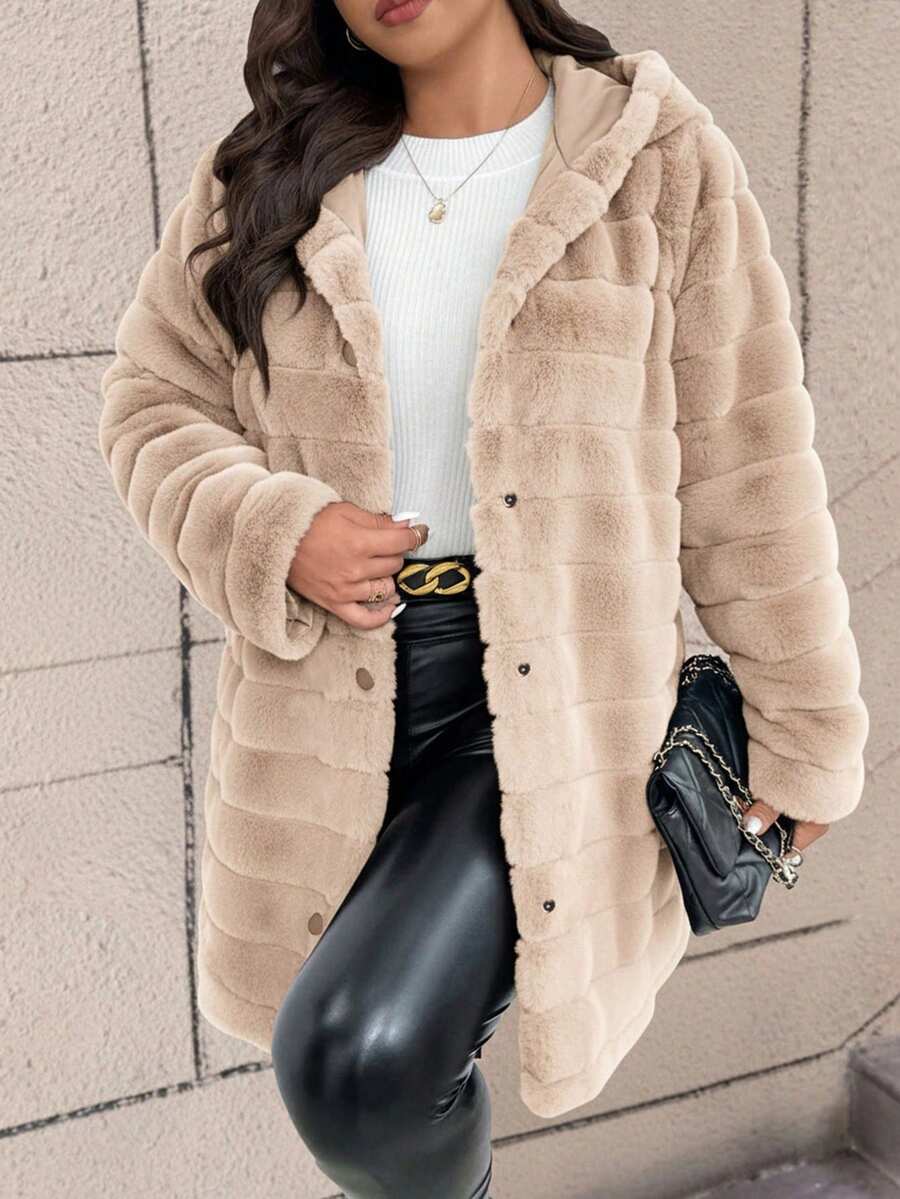 SHEIN Clasi Áo khoác lông giả sang trọng thường ngày cỡ lớn dành cho nữ - Màu Khaki - Xem 1