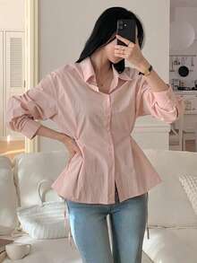 DAZY Women's Turndown Collar Side Drawstring Tie Casual Urban Shirt - Pink - View 6