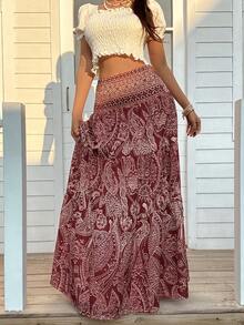 Sunnyshic Women's Bohemian Print Skirt, Casual Holiday Daily Wear, Spring/Summer - Burgundy - View 7
