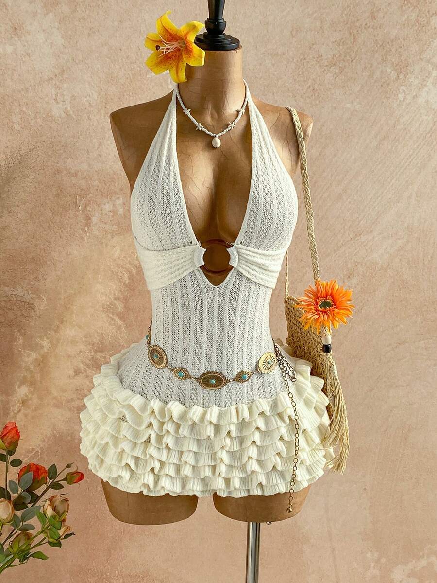 Soleia Women's White Halter Mini Cake Dress, Vacation - White - View 1