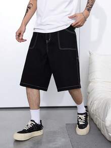 Manfinity Hypemode Stylish Black Washed Wide Leg Denim Bermuda Shorts - Black - View 3