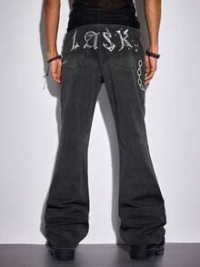 ROMWE MEN 男士休闲水洗十字架字母链印花牛仔裤 - 黑色 - 查看 5