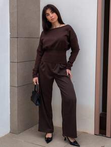Hitanina Women's Autumn/Winter Exposed Shoulder Off Shoulder Long Sleeve Tight Ribbed Brown Sweater - Brown - View 1