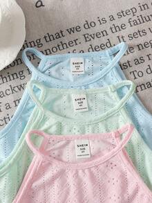 SHEIN 3件組：純色與條紋針織無袖上衣，粉色夏季少女上衣，可愛春季女孩服飾套裝，少女上衣 - 彩色 - 查看 2
