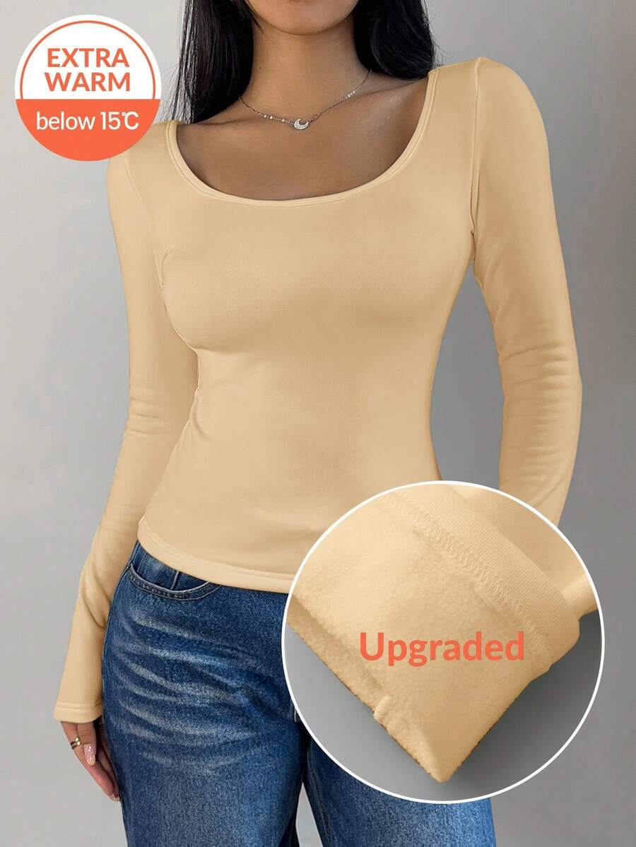 SHEIN BASICS 女士休闲纯色针织圆领长袖修身T恤，升级保暖面料，保暖内衬轻薄不臃肿，修身弹力打底衫，秋冬季基础款上衣，女士长袖紧身衣，保暖内衬上衣，加倍保暖 - 淡黃色 - 查看 1