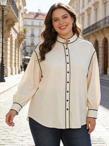 Franclia Siren Gaze 女士加大码上衣，100% 纯棉撞色滚边长袖衬衫，立领棉质衬衫，秋冬季，纽扣衬衫，西部风格上衣，纽扣衬衫，西部衬衫，女士西部纽扣衬衫，感恩节衬衫，女士休闲衬衫，校服衬衫，优雅女士衬衫 - 米色 - 查看 4