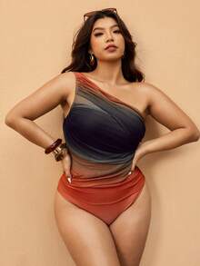 Elaquor 大码女士渐变褶皱连体泳衣，时尚度假之选 - 彩色 - 查看 5