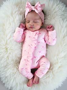 SHEIN 新生儿可爱蝴蝶结印花拉链连体衣摄影服秋冬装 - 粉色 - 查看 4