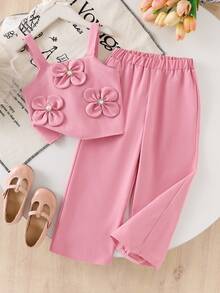 SHEIN Vintaside Kids Girls Pink Cute Fabric Tank Top Co-Ords With Plant Pattern And Ruffle Hem Detail Round Neck Long Pants Set - Pink - View 3