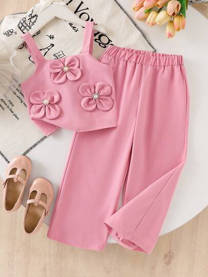 Conjunto de top corto de tirantes con flores 3D rosas y pantalones rectos de color liso para niñas, conjunto de moda elegante de verano para niños