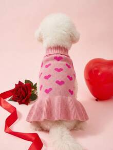 1pc Princess-Style Lapel Heart Two-Tone Knitted Soft Single-Layer Skirt Pet Cat/Dog Sweater Dress - Multicolor - View 3
