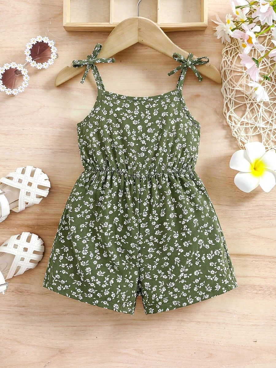SHEIN 休闲可爱碎花连体衣,适合度假和购物,春夏季节,女宝宝夏季连体衣,碎花连体衣,绿色连体衣 - 彩色 - 查看 1