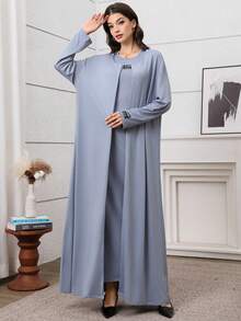 Graceveil 灰蓝色提花束腰连衣裙+外套，时尚优雅的法式阿拉伯风格女士套装 - 霧霾藍 - 查看 6