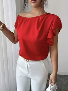 Rafferiza Blusa con hombros descubiertos asimétrica/con volantes + hombros descubiertos, de moda, elegante y sexy - Rojo - Ver 3