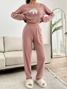 2pcs Cute Slouchy Koala Embroidery Detail PJ Set - Coral Pink - View 3