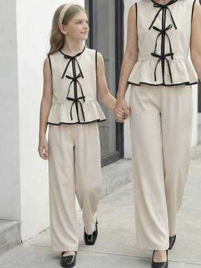 SHEIN Tween Girl Butterfly Decor Contrast Trim Casual Sleeveless Shirt Vest And Wide Leg Pants 2 Pieces Set, Apricot
