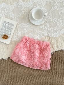 SHEIN Infant Girls' Pink Mesh 3D Floral Elegant Princess Mini Skirt, Summer - Pink - View 3