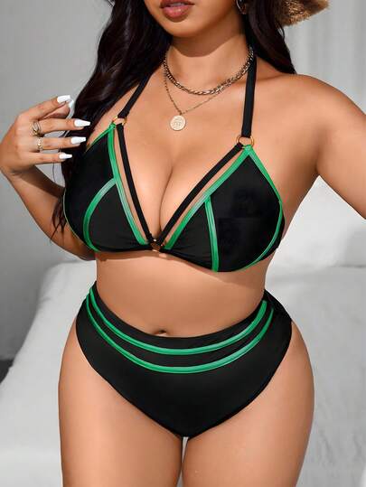 Swim SXY Plus Size 2pcs Halter Metallic Triangle Bikini Set, Sexy Beach Vacation Swimwear