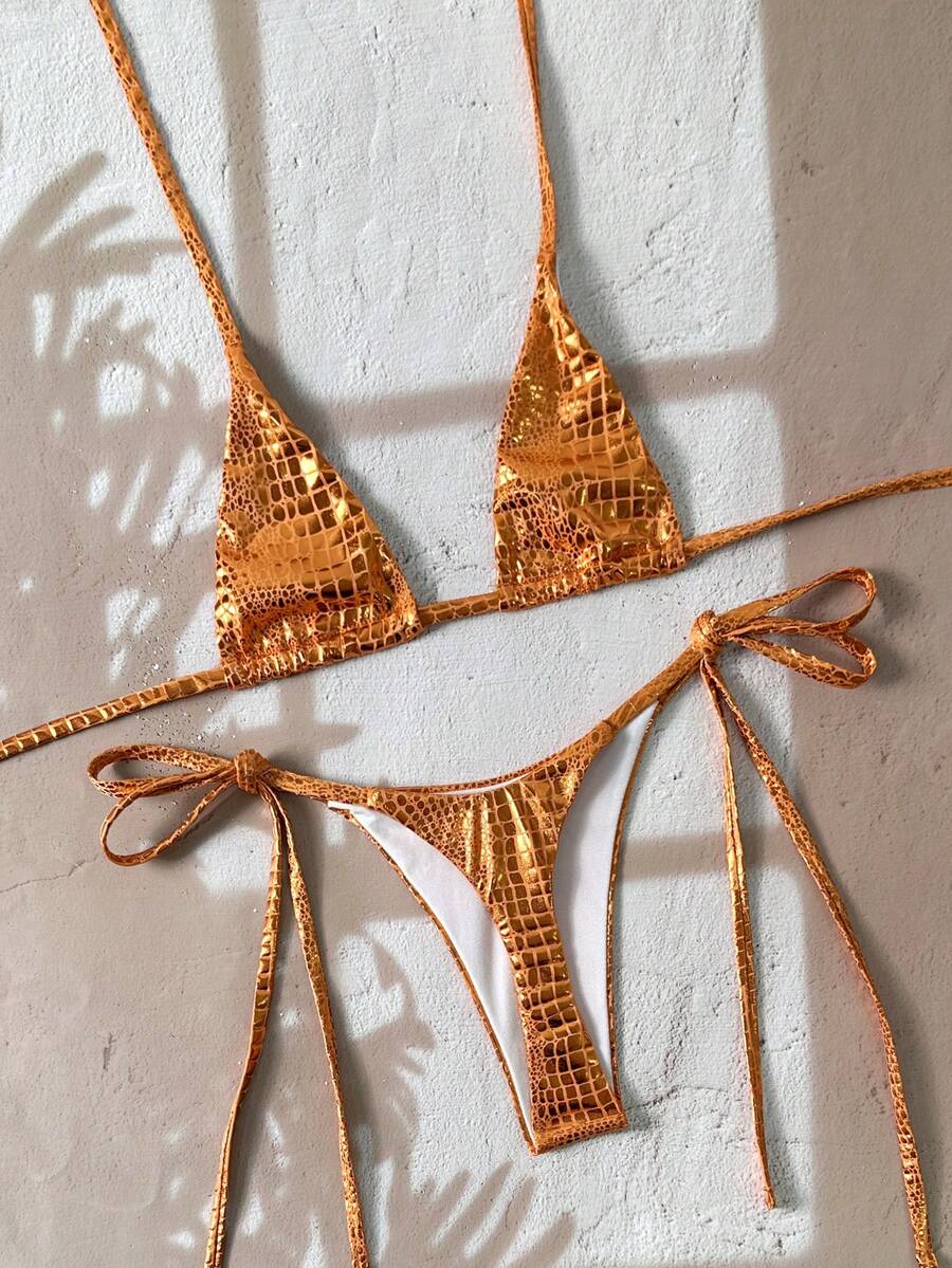 Swim SXY 2件套蛇纹挂脖三角罩杯文胸和侧系带泳裤性感比基尼套装，春夏款