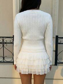 MainGRL Women's Casual Commuter Minimalist Collegiate Style Planet Embroidery V-Neck Button Front Fitted Cropped Lightweight Cardigan, Autumn - White - View 2