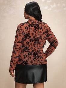Truni Plus Size Floral Print Sheer Stand Collar Mesh Blouse (Bralette Not Included),Autumn Outfits For Women, Women's Clothing, For Pear Triangle Body Shape - Brown - View 2