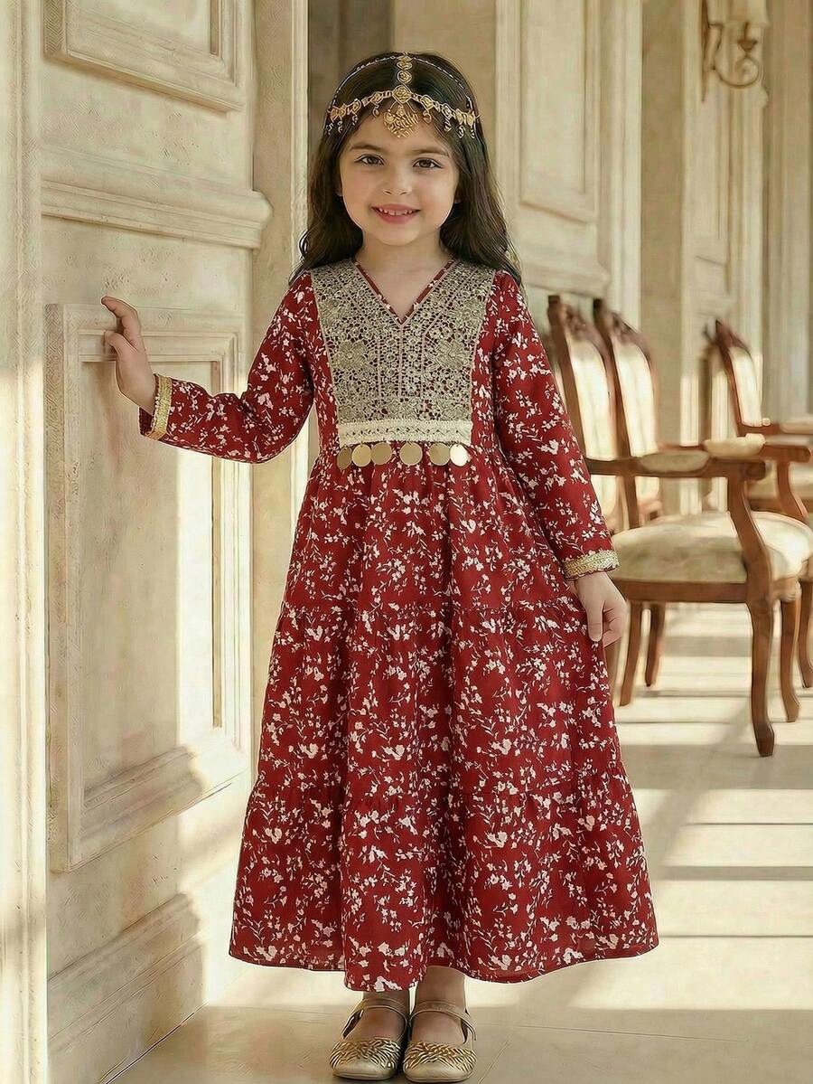 SHEIN Young Girl's Burgundy & Magenta Rose Contrast Collar Floral Pendant Tassel Folk Style Vacation Dress - Red - View 1