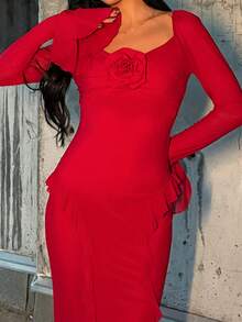 AfricaSnchz Elegant Women's Long Sleeve Fitted Shirt, Suitable For Daily Wear, Dates, Outings, Parties, And Gatherings. Fall Outfits, Fall Women's Outfits, Fall Tops. Floral 3D Decor Sweet Pink Extra Long Dress, Burgundy,Valentine's Day,Valentine Outfits For Women - Red - View 6