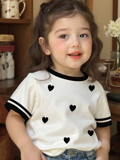 SHEIN Baby Girl Loose Casual Contrast Block Color Strip Heart Print Round Neck T-Shirt For Summer