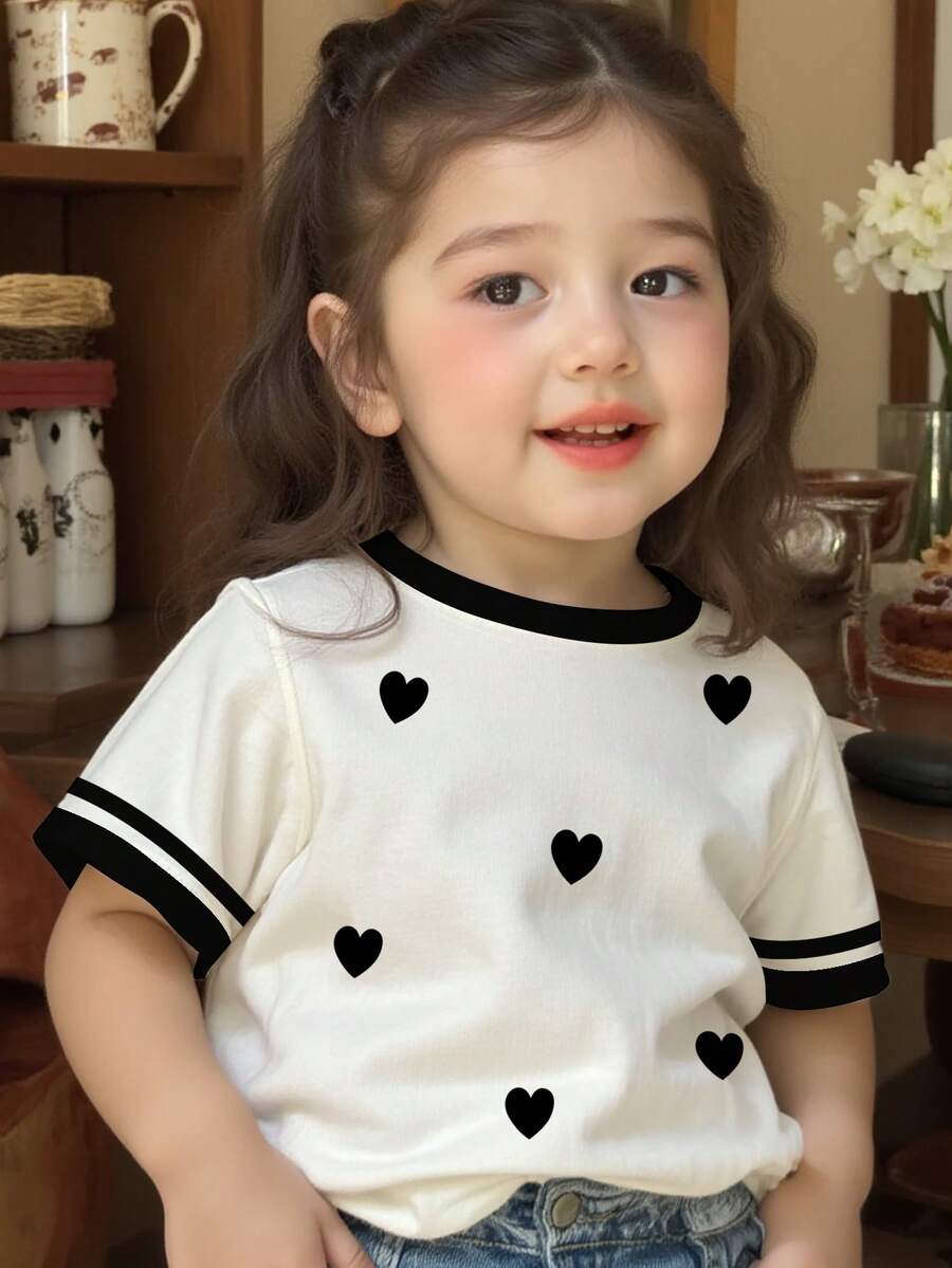 SHEIN Adorable Baby Girl Multicolor Regular Sleeve Pullover Featuring A Cute Heart Geometric Pattern And Contrast Piping - Multicolor - View 1