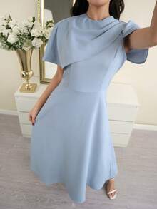 Modelyn Women's Elegant Solid Color Waist Cinched Mid-Length Dress, Summer - Blue - View 4