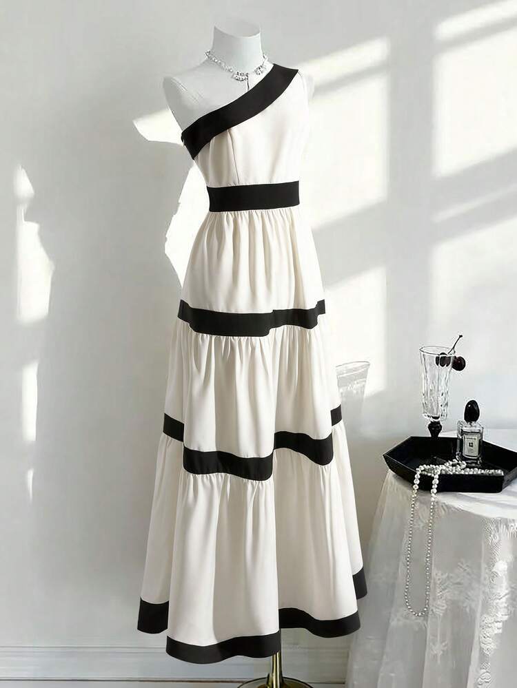 Franclia Vestido sin mangas de unicolor tejido con hombros oblicuos en contraste, elegante para primavera/verano - Albaricoque - Añade 3