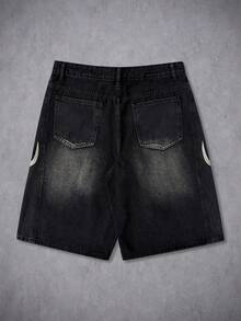 Manfinity ZONE917 男女皆宜的美式水洗黑色刺绣牛仔裤 - 黑色 - 查看 2