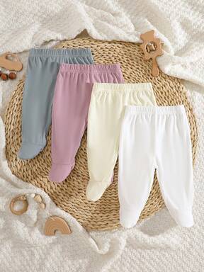 SHEIN 4pcs/Pack Newborn Baby Girls Solid Color White, Pink, Black, Gray Footie Leggings - Soft, Stretchy Ribbed Knit Fabric, Comfortable Fit, Suitable For All Seasons, Cute & Simple, Easy To Wear, High Cost Performance, Suitable For Everyday Wear, Outings, Vacation, 0-3 Months, Spring/Summer New Arrival, Baby Girl Clothing Set