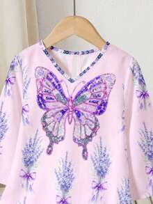 Baby Girl Butterfly Print Pattern Pink Children Jalabiya Dress - Multicolor - View 4