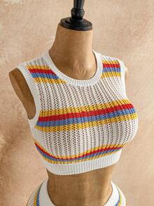 Soleia 女士夏季沙滩度假撞色条纹图案短款针织上衣和抽绳腰短裤两件套 - 彩色 - 查看 4