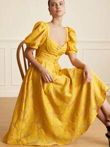 BELROSIE Yellow,Summer,Elegant,Wedding Guest Women's Sweet Princess-Style Floral Puff Sleeve Dress With Pearl Button, High Neck Line Date - Yellow - View 5