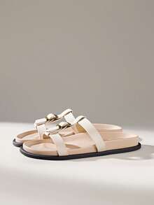 Solecia Women's Buckle Design Casual Fashionable Flat Mule Sandals - Apricot - View 3