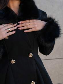 Hitanina 女士优雅喇叭形人造毛皮拼布双排扣夹克，秋冬 - 黑色 - 查看 6