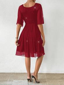 Rafferiza Mesh Embossed Ruffle Sleeve Waist Cinched Mini Dress - Burgundy - View 2