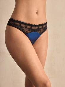 Charlaine Elegant Lace Patchwork Satin & Twill Romantic French Style Women's Panties, Navy Blue - Royal Blue - View 4