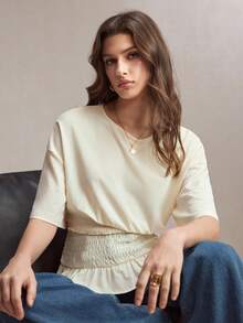 BizChic 2026 Spring/Summer New Beige Round Neck Textured Knit Raglan Sleeve Waist Gathered Slim Fit Ruffle Hem Women T-Shirt - Beige - View 7